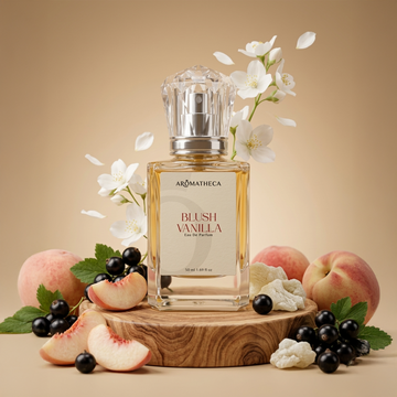 Blush Vanilla fragrance notes – white peach Bulgarian rose jasmine Madagascar vanilla by Aromatheca